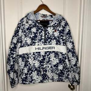 Tommy Hilfiger Men's Navy White Floral Print Hooded Anorak Windbreaker Y2K